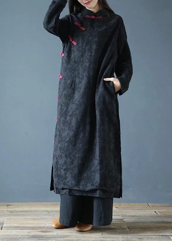 casual evening dressSimple black print clothes Women stand collar Chinese Button Kaftan Dresses