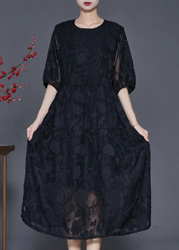 luxury dressBohemian Black Jacquard Chiffon Robe Dresses Summer