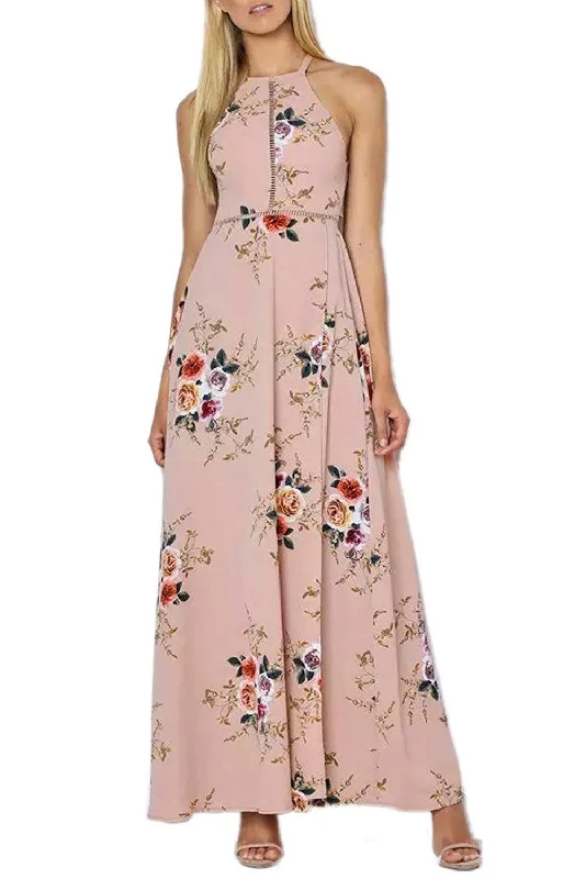 wrap-around dressJuliaFashion-Apricot Floral Cutout Back Halter Split Maxi Boho Dress