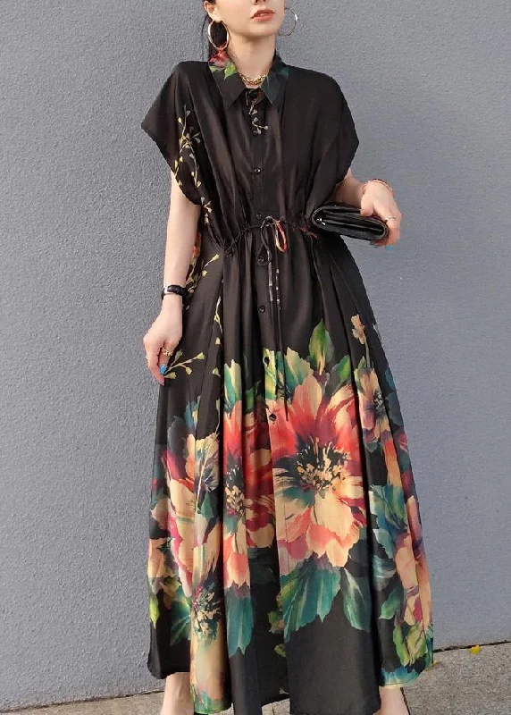 textured dressWomen Lapel Drawstring Spring Tunic Sleeve Black Print Robe Dresses