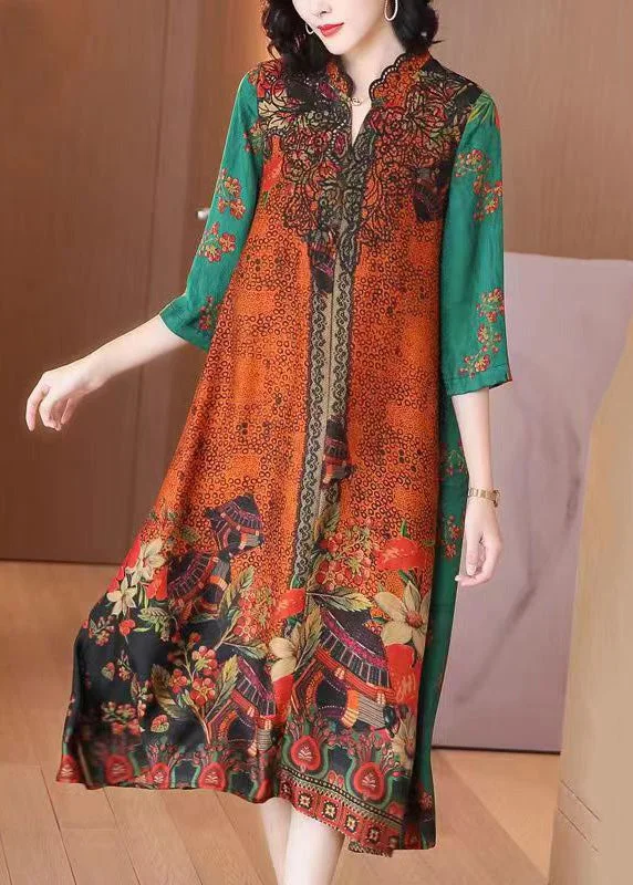 casual dressItalian Orange Stand Collar Print Patchwork Silk Long Dress Half Sleeve