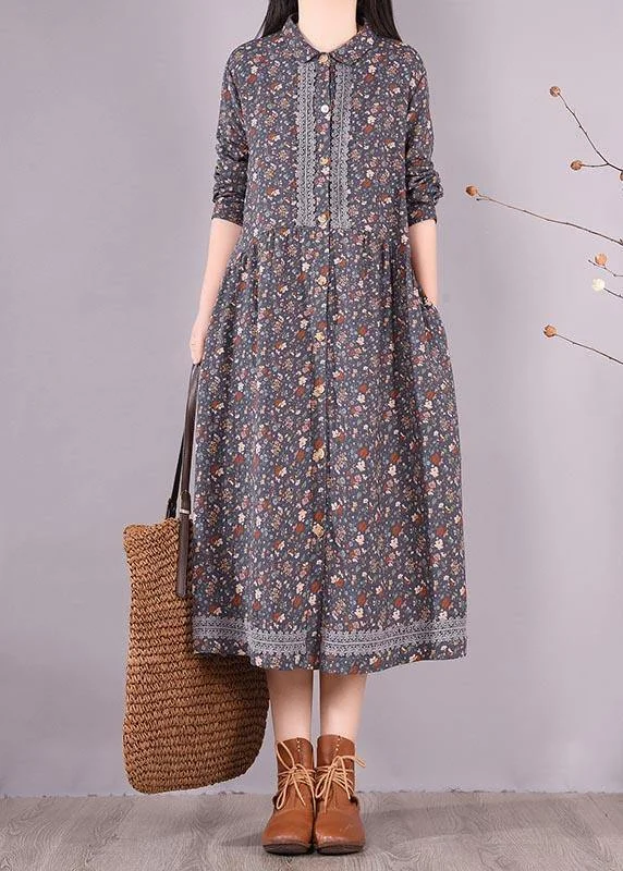 party-ready dressVivid Blue Print Clothes Lapel Lace Robe Spring Dress