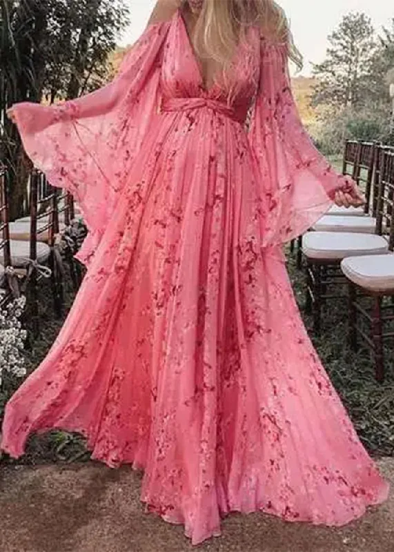 pleated maxi dressLoose Pink V Neck Wrinkled Print Chiffon Maxi Dresses Batwing Sleeve