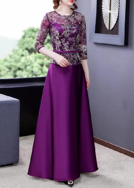 t-shirt dressNew Purple Embroidered Tulle Patchwork Maxi Dresses Half Sleeve