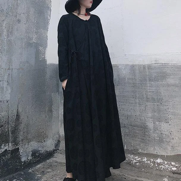 off-shoulder dressFrench Black Jacquard Clothes O Neck Tie Waist Long Spring Dress