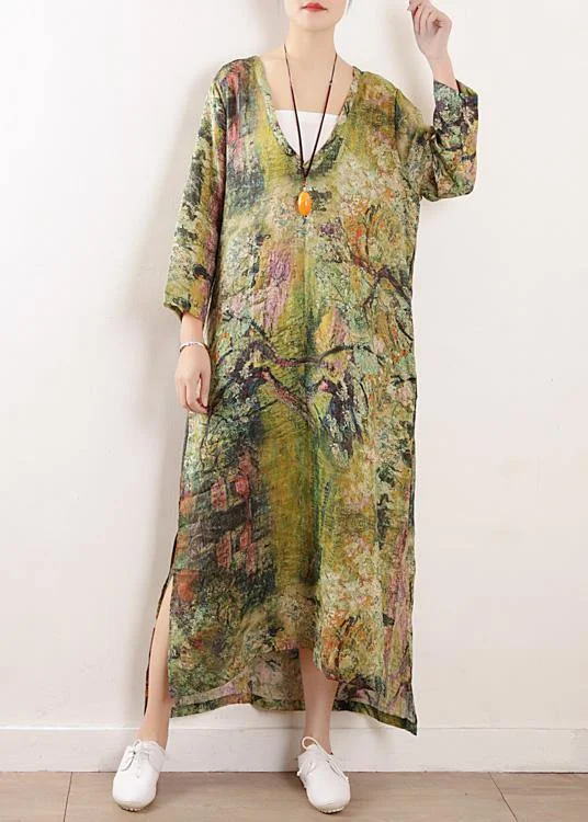 pleated maxi dressFrench v neck side open linen clothes For Women Photography green print Dress