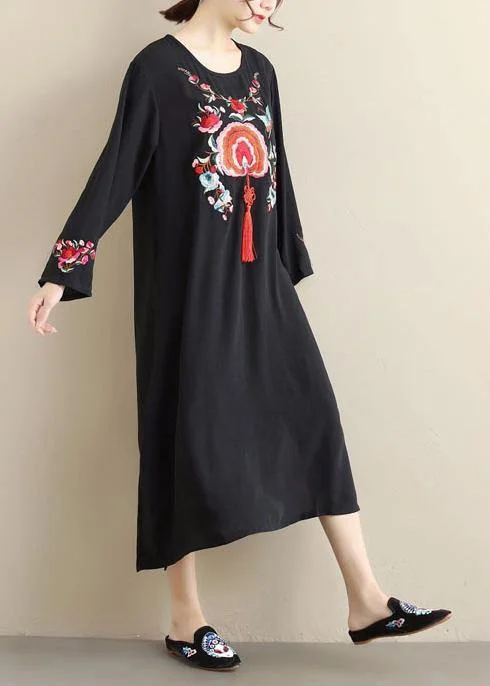 wrap dressFrench Black Embroidery Quilting Dresses O Neck Tassel Kaftan Spring Dress