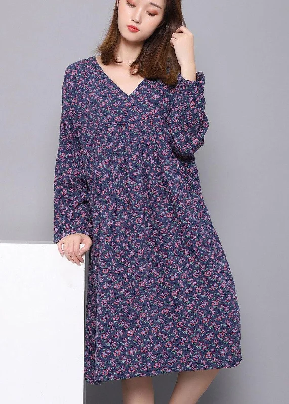 form-fitting dressStyle Blue V Neck Dress Print Spring Maxi Dress