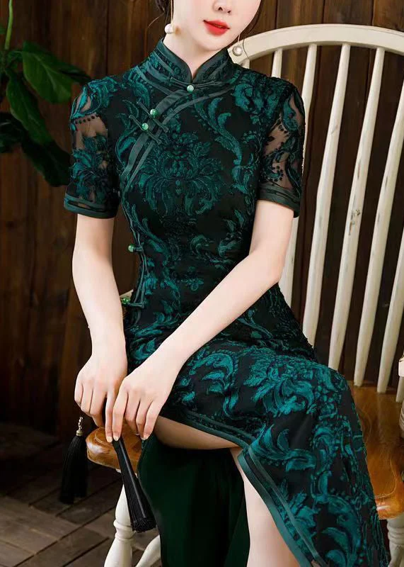 shift dressBeautiful Blackish Green Stand Collar Side Open Silk Dress Short Sleeve