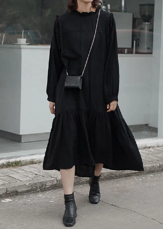 silk dressWomen ruffles cotton stand collar tunics for women Photography black loose Dress