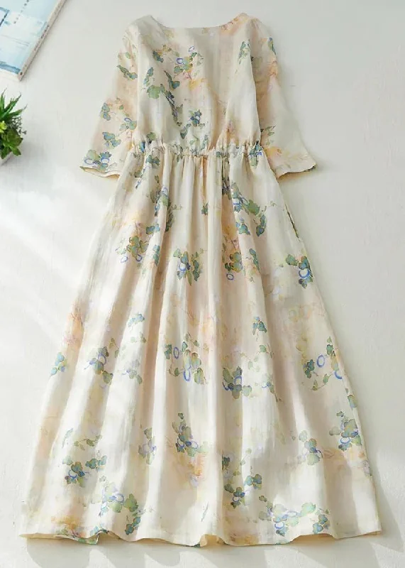 ruffle dressNew Apricot Print Lace Up Cotton Long Dress Half Sleeve