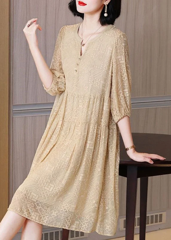 evening dressClassy Apricot Embroidered Wrinkled Silk Dresses Half Sleeve