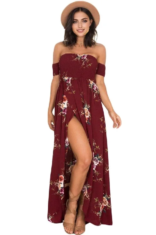 luxury dressJuliaFashion - 2024 Smoked Off Shoulder Burgundy Floral Maxi Dress