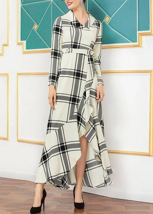 ruffle dressNatural Nude Plaid  Cotton Quilting Clothes Asymmetric Hem Dresses Winter Dress