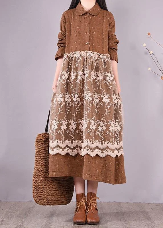 sophisticated dressBeautiful Patchwork Lace Spring Clothes For Women Catwalk Chocolate Print Long Dresses