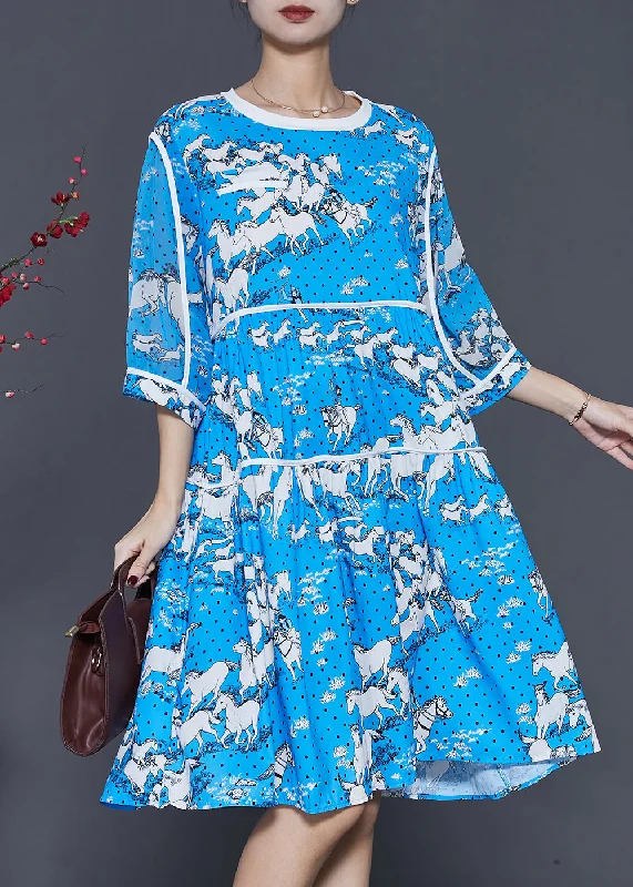 formal dressFrench Blue Oversized Print Chiffon Mid Dress Summer