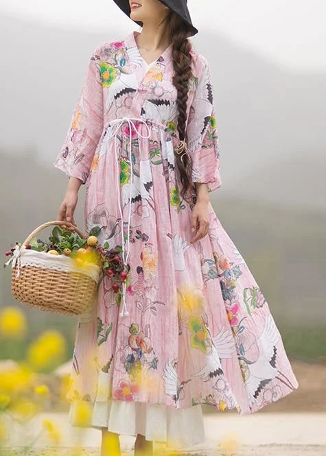 flowy maxi dressWomen V Neck Drawstring Wardrobes Pattern Crowned Crane Long Dresses