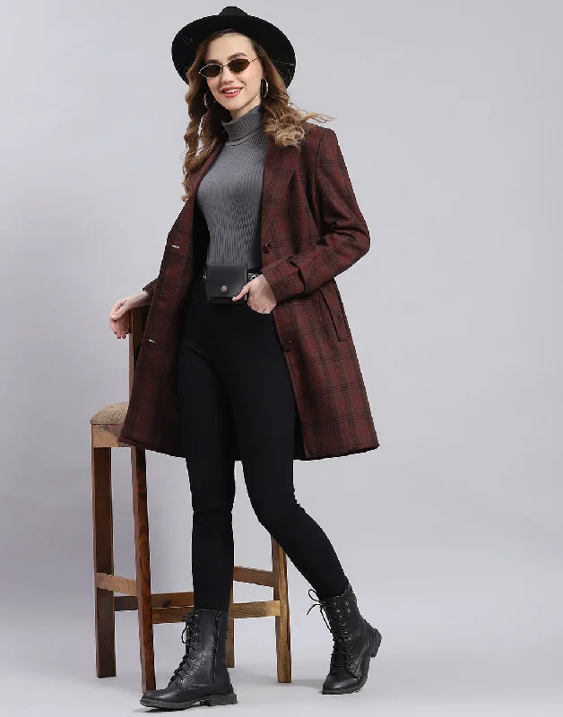 utility coatWomen Maroon Check Lapel Collar Full Sleeve Coat