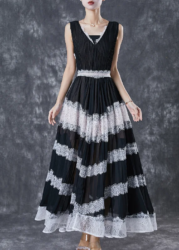 A-line dressCasual Black Exra Large Hem Patchwork Lace Linen Silk Pleated Dresses Sleeveless