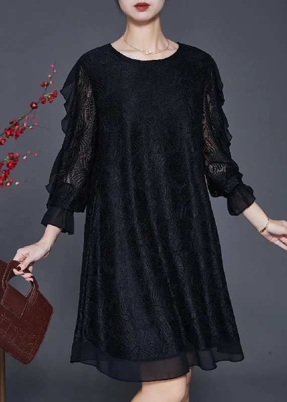 flowy evening dressOrganic Black Hollow Out Lace Vacation Dresses Butterfly Sleeve