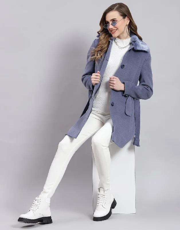 high-fashion coatWomen Blue Solid Collar Full Sleeve Coat