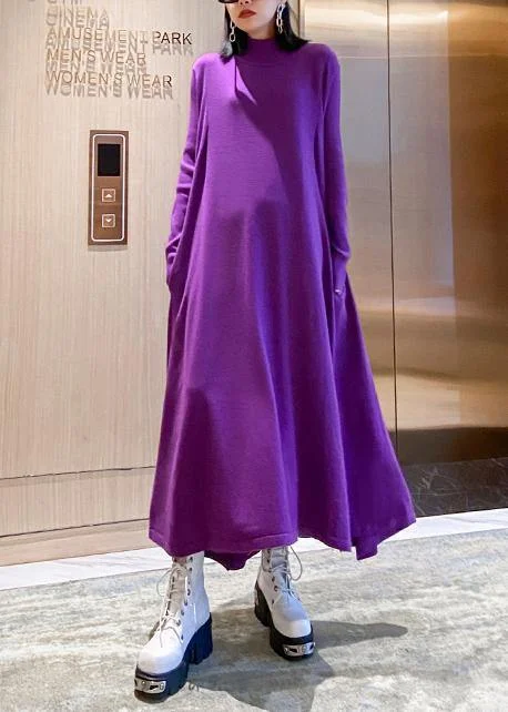 casual dressChristmas purple Sweater weather Women high neck large hem tunic fall knit dress