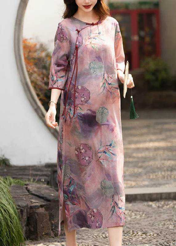 ashionable dressElegant Purple Button Print Side Open Linen Dress Half Sleeve