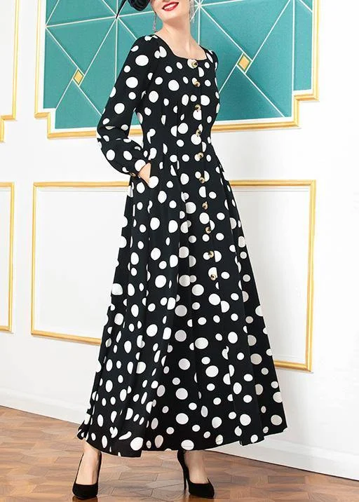 A-line dressWomen black cotton clothes winter big hem dotted Dresses