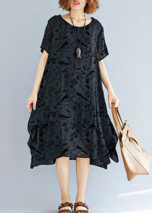 pleated maxi dressVivid black flowers and birds linen-cotton tunics for women plus size Fabrics o neck asymmetric oversized Summer Dress