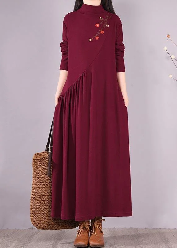 lace dressVivid Burgundy Embroidery Tunic Pattern High Neck Cinched Spring Dress