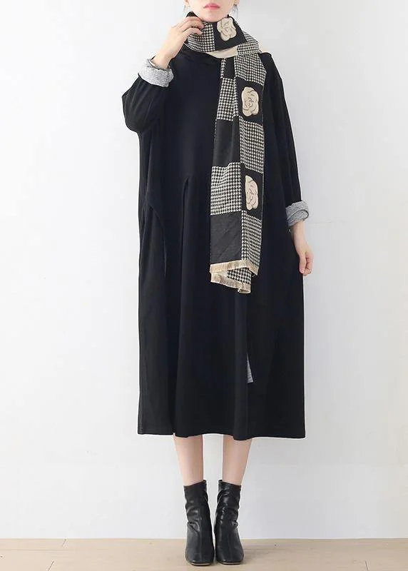 comfy maxi dressNatural black clothes high neck asymmetric robes Dress