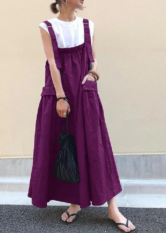 summer dressStyle Purple Oversized Pockets Exra Large Hem Cotton Strap Dresses Spring