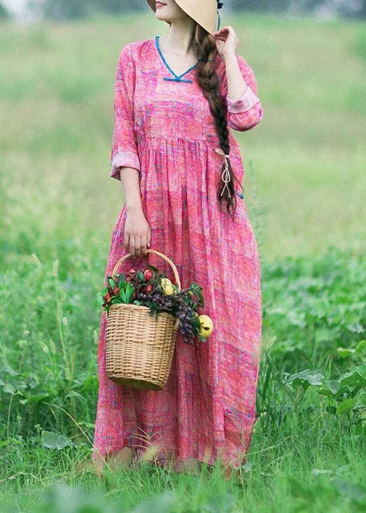 comfy dressFrench Rose Print Clothes Women V Neck Patchwork Maxi Spring Dress