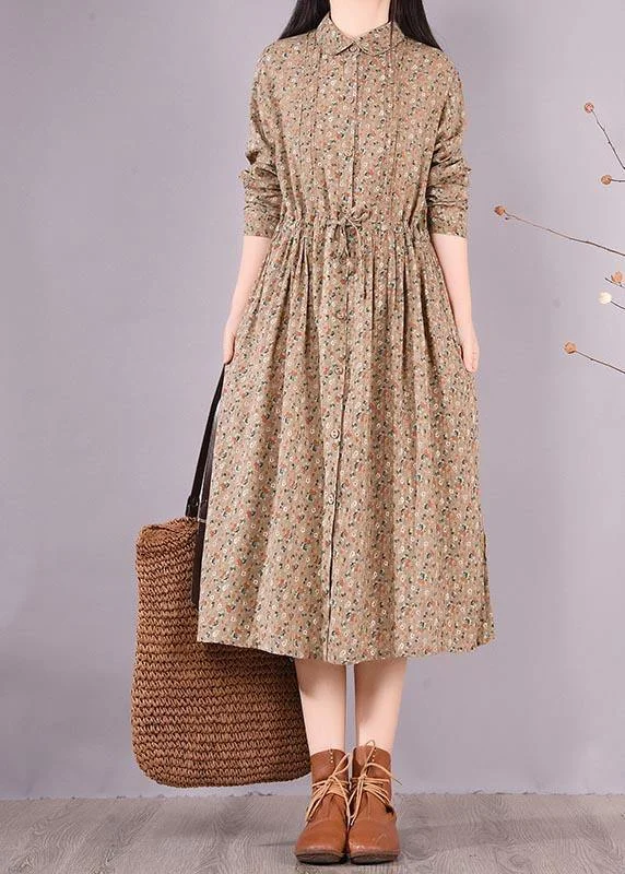 puff sleeve dressLoose Lapel Drawstring Spring Tunic Pattern Sewing Khaki Print Maxi Dresses