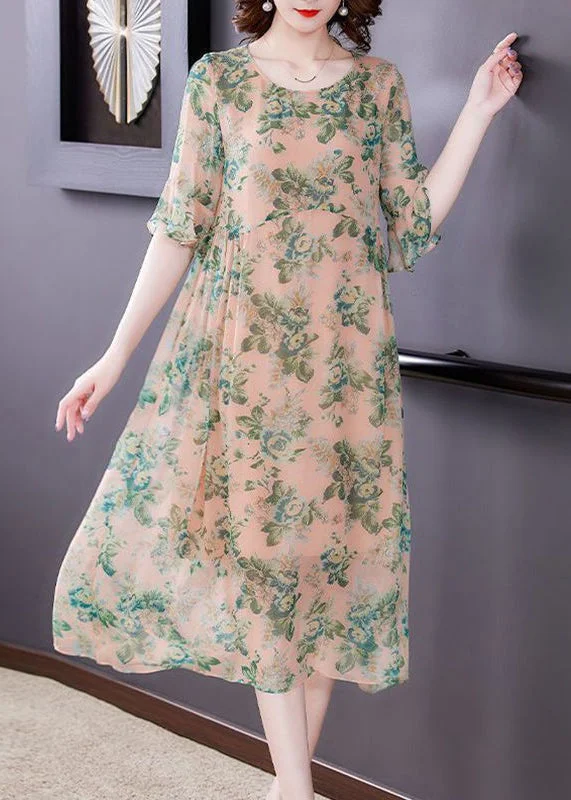 t-shirt dressLoose Green Print O Neck High Waist Chiffon Dress Half Sleeve