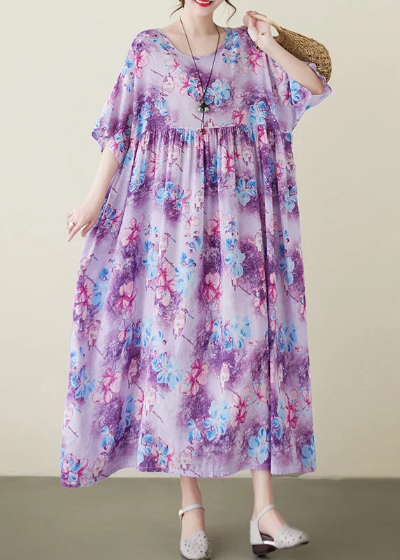 pleated maxi dressModern Purple Print Patchwork Maxi Dresses Short Sleeve