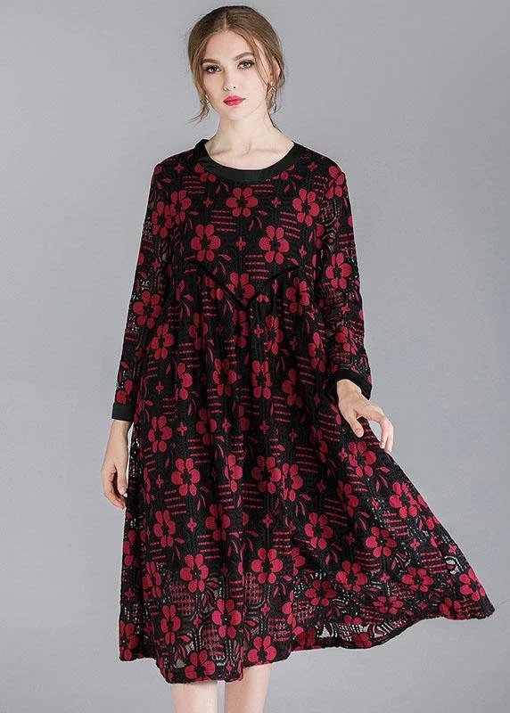 chic dressFashion  Red Loose O-Neck Spring Party Dress Long Sleeve