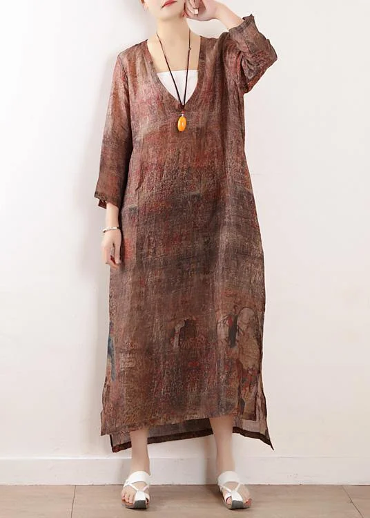 chic wrap dressBeautiful chocolate print linen clothes For Women v neck side open Maxi Dresses