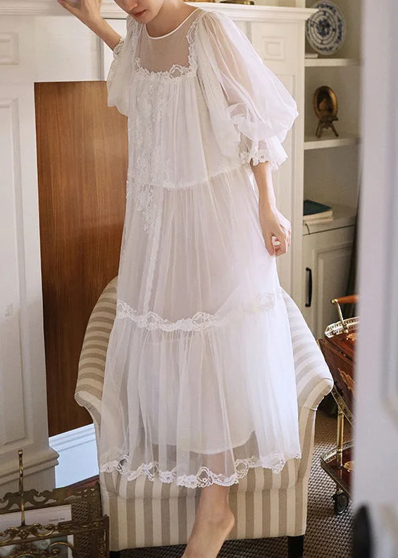 trendy bodycon dressNew White Lace Patchwork Tulle Pajamas Dress Lantern Sleeve