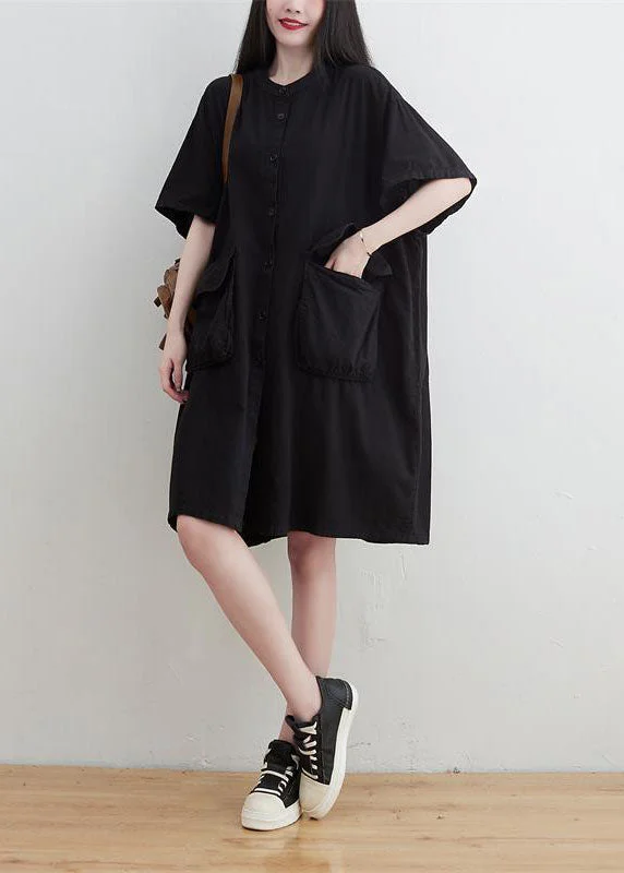 elegant shift dressPlus Size Black O-Neck Pockets Button Linen Dresses Short Sleeve