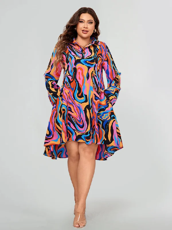 elegant dressColorful Print Pocket High Low Shirt Dress