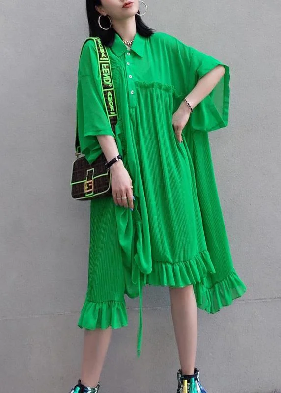 stylish dress100% Green Dress Lapel Asymmetric Summer Dress