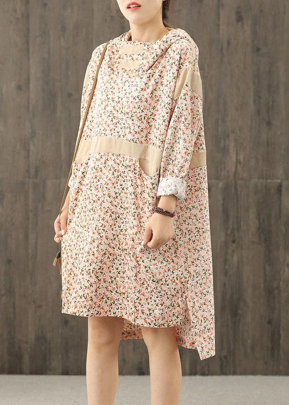 trendy mini dressHandmade hooded patchwork dress Sleeve nude print Dresses