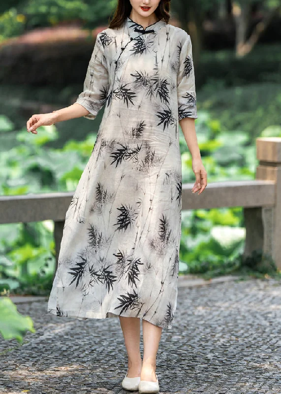 casual summer dressNew Light Grey Stand Collar Button Print Linen Dresses Half Sleeve