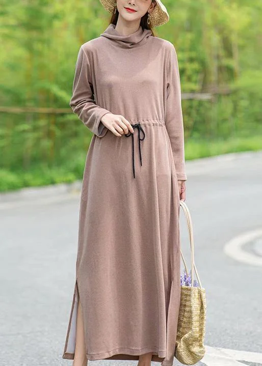 wrap dressDIY Khaki Tunic Pattern High Neck Drawstring Spring Dresses