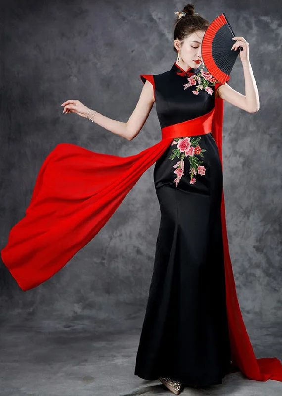 sophisticated dressBeautiful Black Red Stand Collar Embroidered Ribbon Silk Maxi Fishtail Dresses Summer