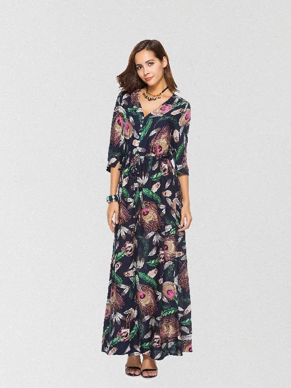 backless dressJuliaFashion-Feather Weight Printed High Slit Maxi Dress