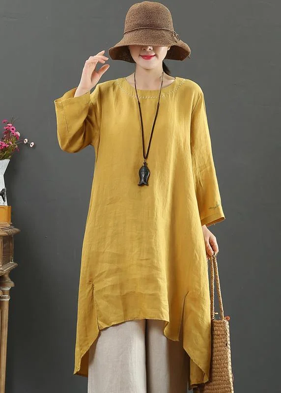 lace-up dressWomen O Neck Low High Design Spring Clothes Shirts Yellow Embroidery Art Dress