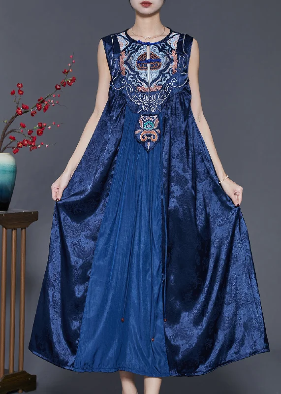 printed dressVintage Blue Embroidered Patchwork Silk Dress Sleeveless