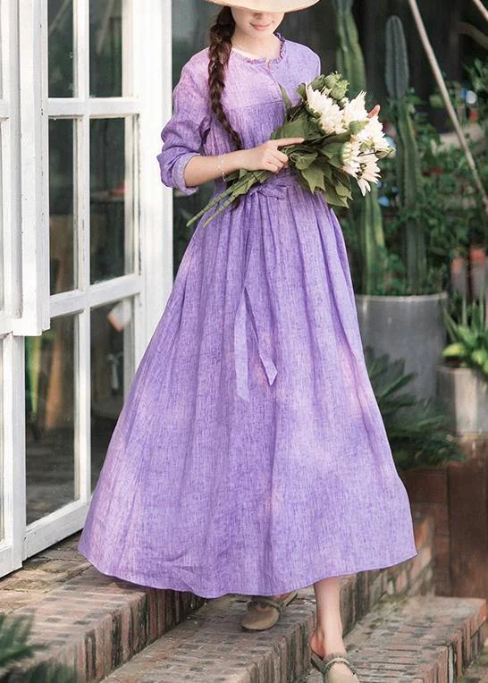 long-sleeve floral dressItalian Purple Outfit O Neck Tie Waist Dresses Spring Dresses